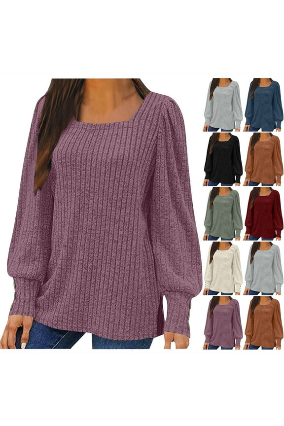 BiZtdJrK Womens Fall Winter Sweaters Casual Ribbed Knit Long Sleeve Shirts Loose Square Neck Dressy Pullover Blouse Teen Girls Clothes, Wine, L