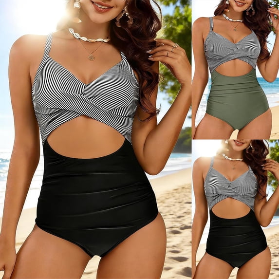 BiZtdJrK Womens Fashion One Piece Swimsuits Cross Tie Back Striped Print Beach Vacation Swimwear Wrap Front Cutout High Waisted Bathing Suit Black S