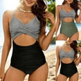 thumbnail image 1 of BiZtdJrK Womens Fashion One Piece Swimsuits Cross Tie Back Striped Print Beach Vacation Swimwear Wrap Front Cutout High Waisted Bathing Suit Green XL, 1 of 7