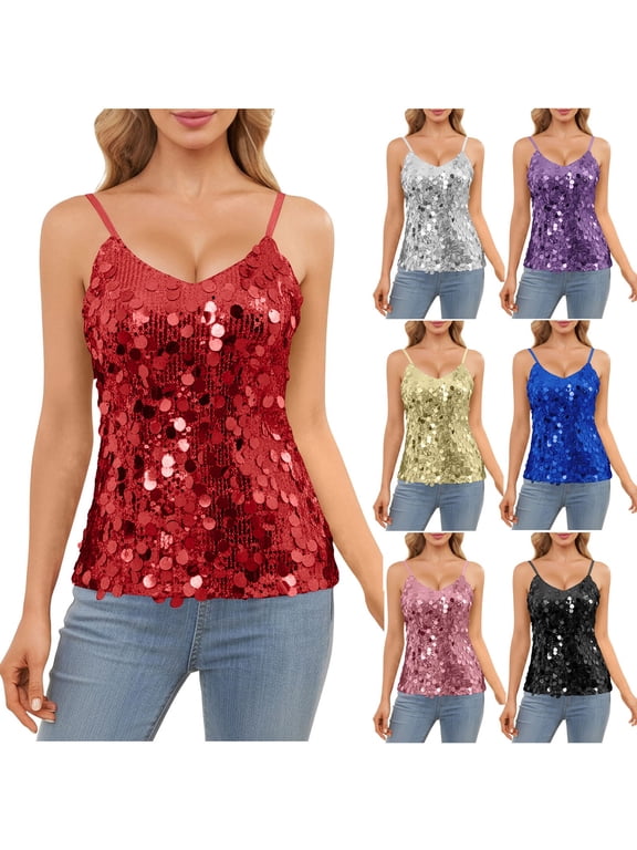 Red Womens Fashion Party Tank Tops Sequin Sparkly V Neck Sleeveless Cami Top Glitter Spaghetti Straps Summer Camisole XL