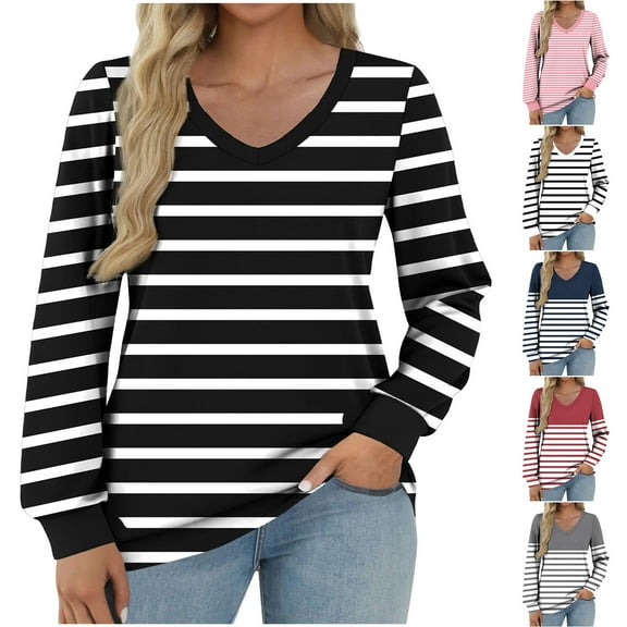 BiZtdJrK Womens Fashion T Shirts Color Block Striped Print Long Sleeve Tunic Tops V Neck Loose Fit Casual Fall Tee Shirt Wine M