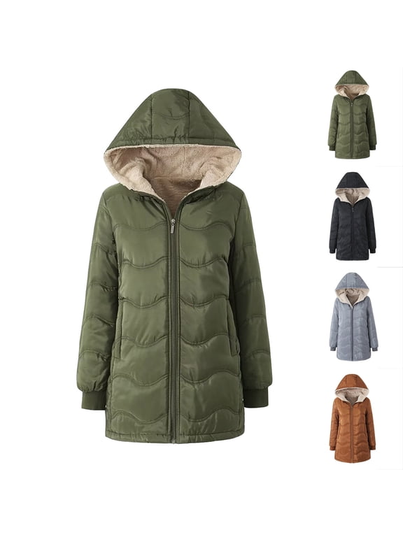 Womens Fleece Lined Hooded Jackets Solid Color Long Sleeve Winter Coats Casual Zip Up Mid Length Outerwear with Pockets Prime By Hour Army Green S