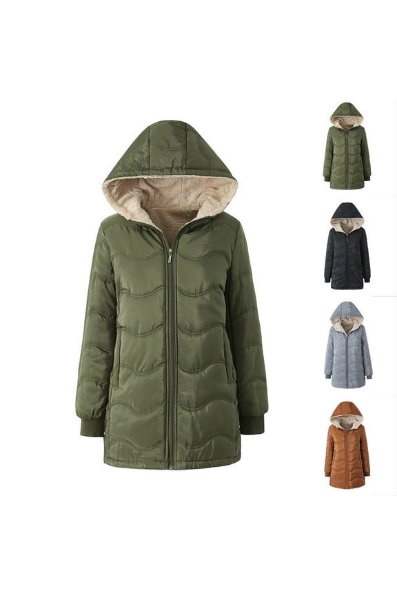 Womens Fleece Lined Hooded Jackets Solid Color Long Sleeve Winter Coats Casual Zip Up Mid Length Outerwear with Pockets Today Sales Black XL