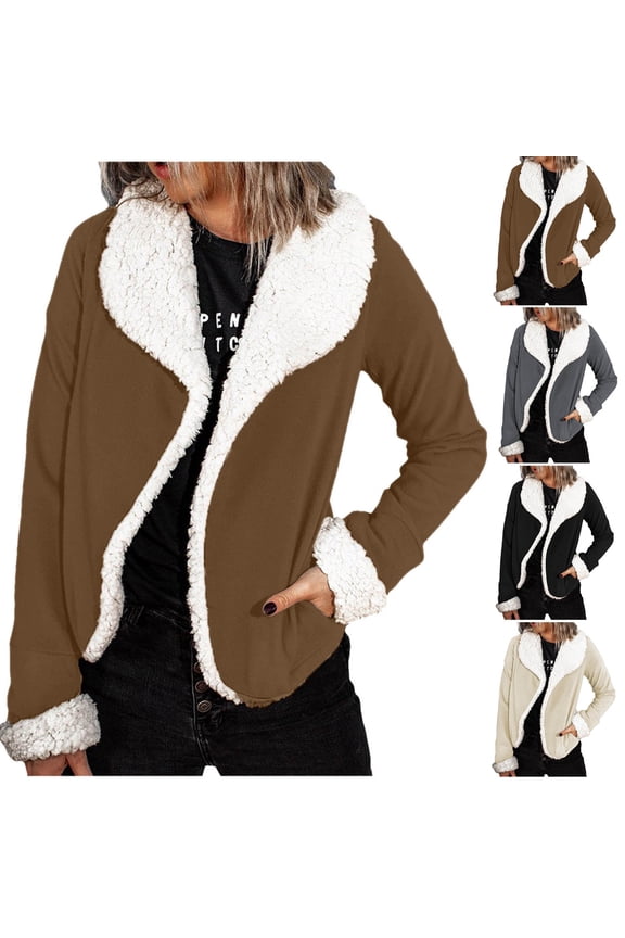 Womens Fleece Lined Jackets Solid Casual Open Front Lapel Plush Cardigans Fall Winter Warm Long Sleeve Coats Going Out Outfits Todays Sale White XL