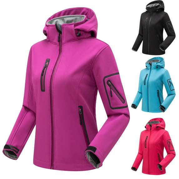 BiZtdJrK Womens Fleece Lined Softshell Jacket Hooded Waterproof Windproof Raincoats Fall Winter Warm Rain Jacket with Zip Pockets for Hiking Camping 90% off Clearance Sale Purple L