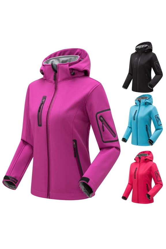 Womens Fleece Lined Softshell Jacket Hooded Waterproof Windproof Raincoats Fall Winter Warm Rain Jacket with Zip Pockets for Hiking Camping Purple XL