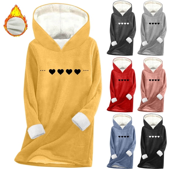 BiZtdJrK Womens Fleece Lined Sweatshirts Heart Graphic Long Sleeve Hoodie Shirts Comfy Warm Fall Winter Hooded Pullover Yellow XL