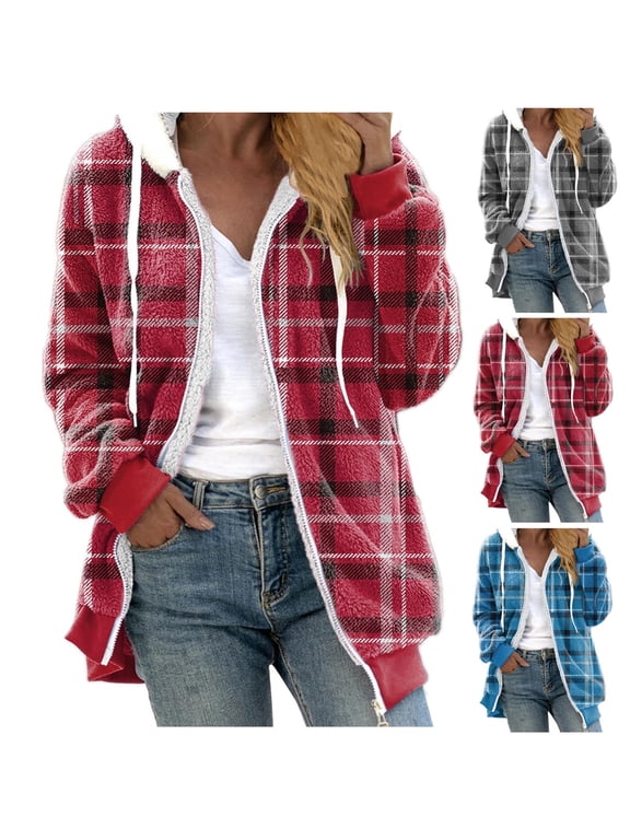 Womens Fleece Zip Up Jacket 2025 Fashion Plaid Hooded Sweatshirts Jackets Fall Winter Long Sleeve Warm Plush Coats Lightning Sales of Today Prime Blue XL