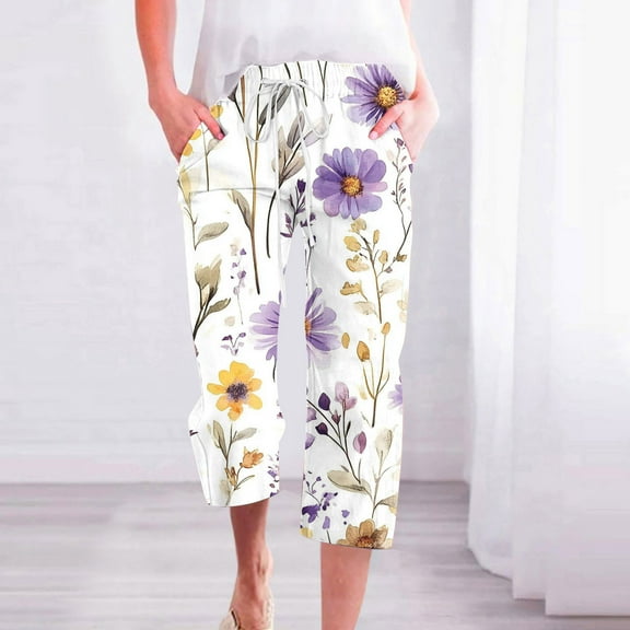 BiZtdJrK Womens Floral Print Capri Pants Drawstring Elastic Waisted Comfy Linen Pants Summer Vacation Beach Pants with Pockets on sale clearance Multicolor#3 XL