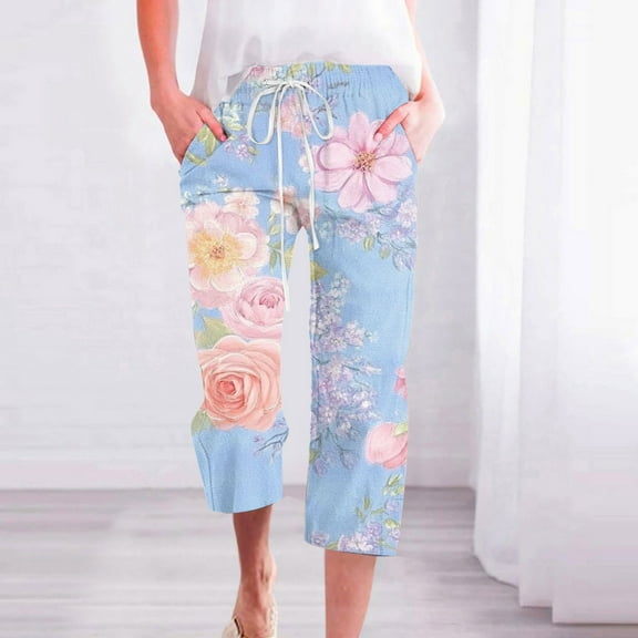 BiZtdJrK Womens Floral Print Capri Pants Drawstring Elastic Waisted Comfy Linen Pants Summer Vacation Beach Pants with Pockets on sale and clearance Multicolor#5 XL