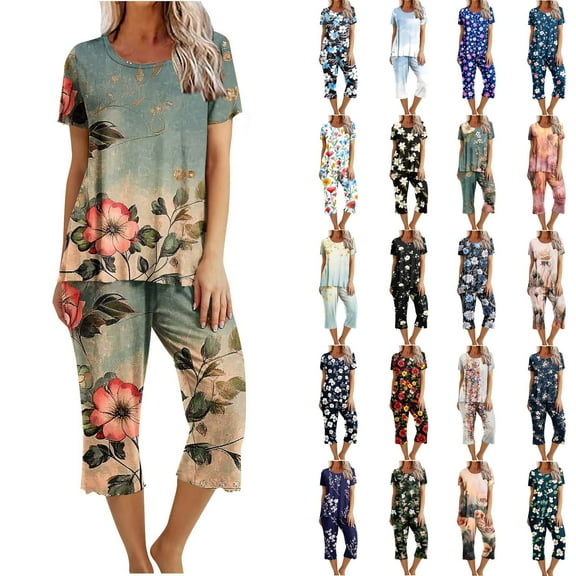BiZtdJrK Womens Floral Print Pajama Sets Short Sleeve Sleepwear Tops and Capri Pants Pjs Set Comfy 2 Peice Loungewear Deep Blue S