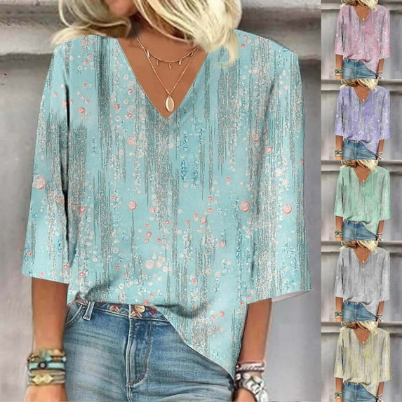 BiZtdJrK Womens Floral Print Tshirts V Neck Half Sleeve Tops Boho Summer Beach Vacation Blouse Blue XXL