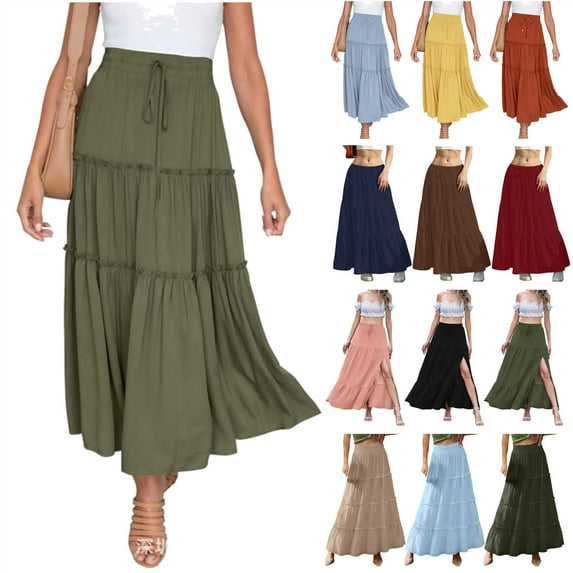 BiZtdJrK Womens Flowy Boho Maxi Skirt Drawstring Elastic High Waist A Line Pleated Tiered Long Skirts Cocktail Party Wedding Guest Dress Army Green XXL Sales for Today on Walmart