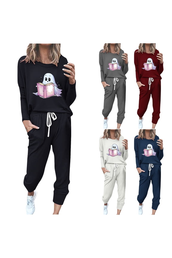 Womens Funny Tracksuit Ghost Print Halloween Casual 2 Piece Sets Long Sleeve Crew Neck Sweatshirts Jogger Pants Matching Sweatsuits with Pockets AB-Gray XXXL