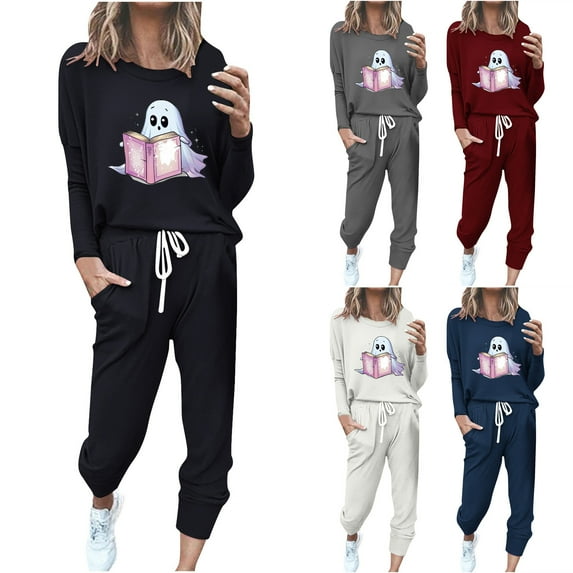 BiZtdJrK Womens Funny Tracksuit Ghost Print Halloween Casual 2 Piece Sets Long Sleeve Crew Neck Sweatshirts Jogger Pants Matching Sweatsuits with Pockets AB-Black XXXL