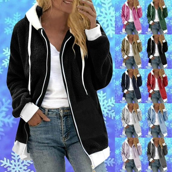 BiZtdJrK Womens Fuzzy Fleece Cardigan Jackets Casual Zip Open Front Hooded Sweatshirts Jacket Solid Color Long Sleeve Plush Coat Todays Daily Sales Clearance Dark Gray XL