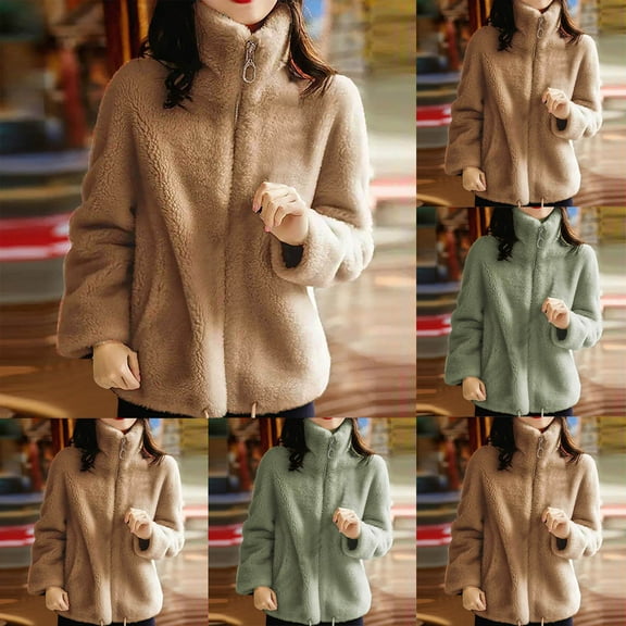 BiZtdJrK Womens Fuzzy Fleece Jacket Casual Long Sleeve Sherpa Warm Coats Winter Full Zip Plush Outwear with Pocket Sales Today Green XL