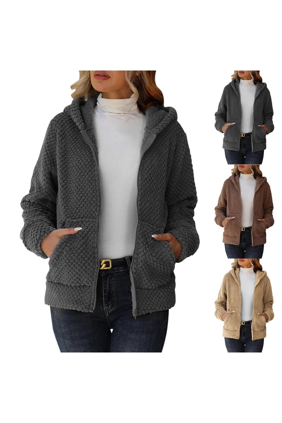 Womens Fuzzy Fleece Sweatshirt Jacket Zip Up Long Sleeve Hooded Sherpa Jackets Solid Casual Winter Outerwear with Pockets Coffee S