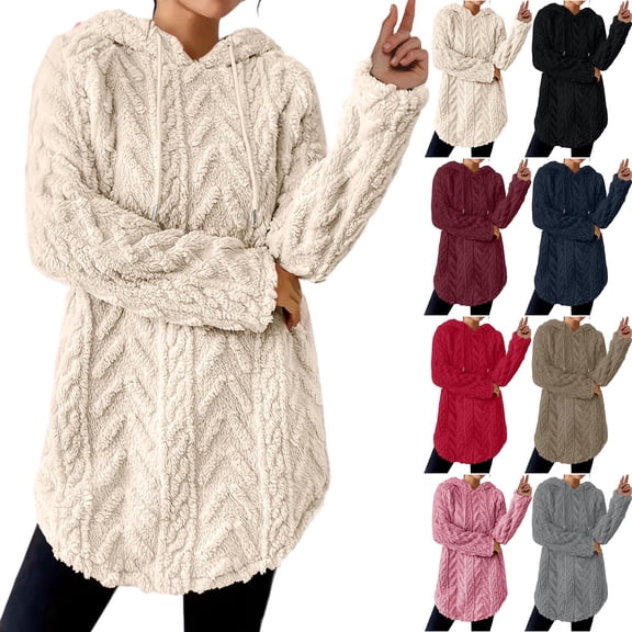 BiZtdJrK Womens Fuzzy Hoodie Sweatshirt Mid Length Winter Thermal Pullover Tops Cozy Fleece Drawstring Sweatshirts Khaki L