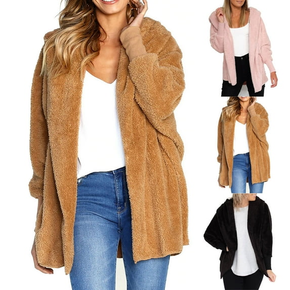 BiZtdJrK Womens Fuzzy Jacket Hooded Cardigan Casual Open Front Sherpa Coat Long Sleeve Warm Plush Outerwear Fall Winter Clothes Todays Sale Khaki XL