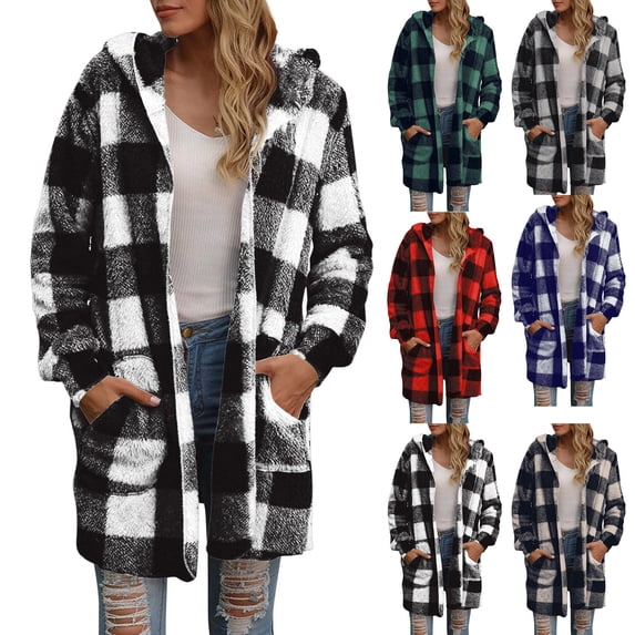 BiZtdJrK Womens Fuzzy Plaid Hooded Jacket Sherpa Fleece Long Sleeve Open Front Cardigan Fashion Fall Winter Outerwear with Pockets Green XXL