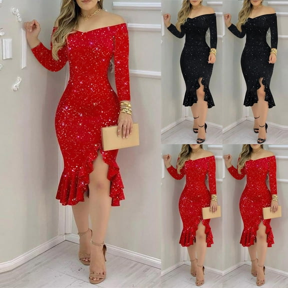 BiZtdJrK Womens Glitter Dress Fashion Sequin Sparkly Wrap Mini Dress Long Sleeve Cocktail Party Dress Ruched Bodycon Mermaid Dress Black L