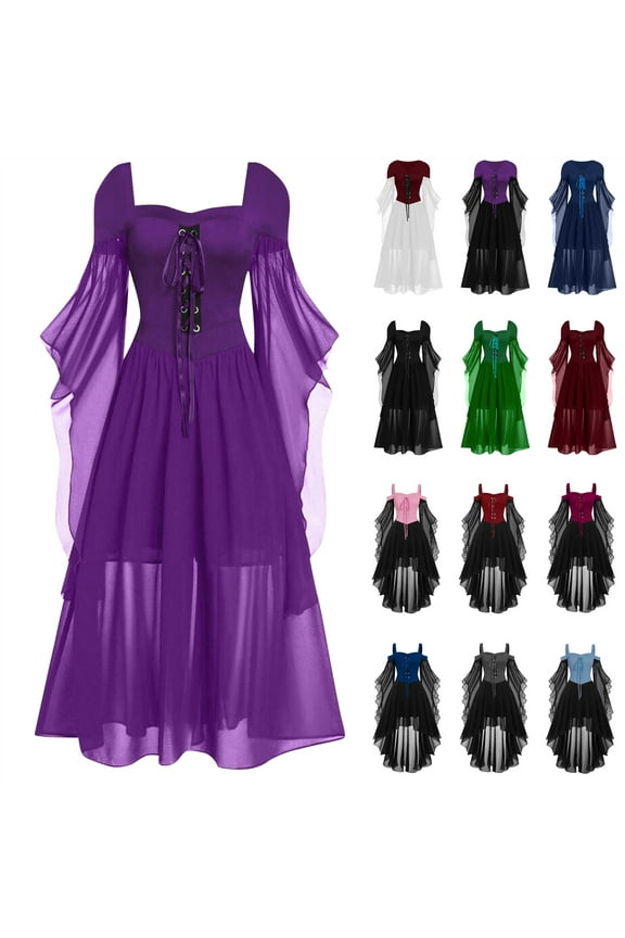 Womens Goth Dress Mesh 3/4 Bell Sleeve Medieval Dresses Lace Up Corset Maxi Long Dress Halloween Costume, Black, XXL