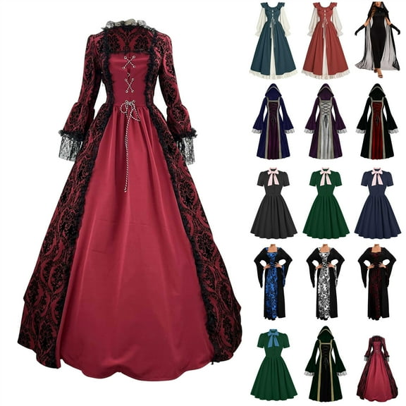 BiZtdJrK Womens Halloween Cosplay Costumes Lace Patchwork Maxi Dresses Vintage Court Cocktail Party Ball Gown Medieval Renaissance Victorian Corset Dress Sales Today Red