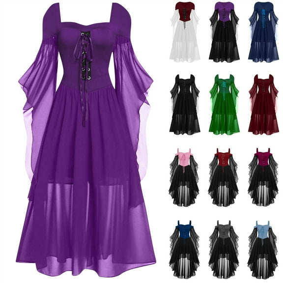 BiZtdJrK Womens Halloween Gothic Witch Corset Dress Cold Shoulder Layered Ruffle Dresses Chiffon Patchwork Batwing Sleeve Dress, Green, S