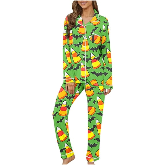 BiZtdJrK Womens Halloween Pajamas Cute Ghost Pumpkin Print Long Sleeve Button Shirts and Pants Casual Outfits Loose Fit Fall 2 Piece Loungewear Sets with Pocket BA-Multicolor XL
