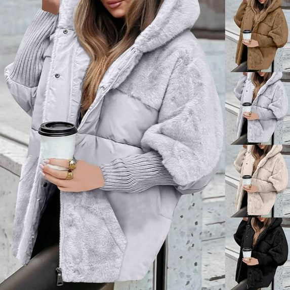 BiZtdJrK Womens Hoodie Puffer Jacket Patchwork Fuzzy Fleece Long Sleeve Quilted Jackets Zip Up Button Down Winter Coats with Pockets Black L