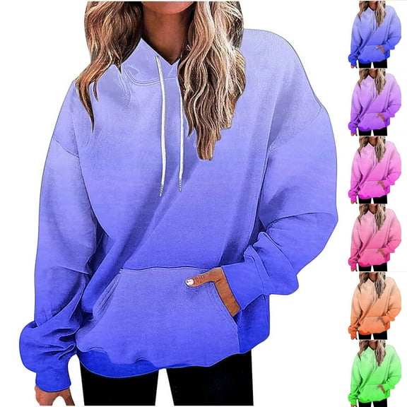 BiZtdJrK Womens Hoodies Tops Trendy Gradient Print Long Sleeve Shirts Fall Drawstring Hooded Pullover Loose Plus Size Sweatshirts with Pockets Prime Sales of The Day Pink 4XL