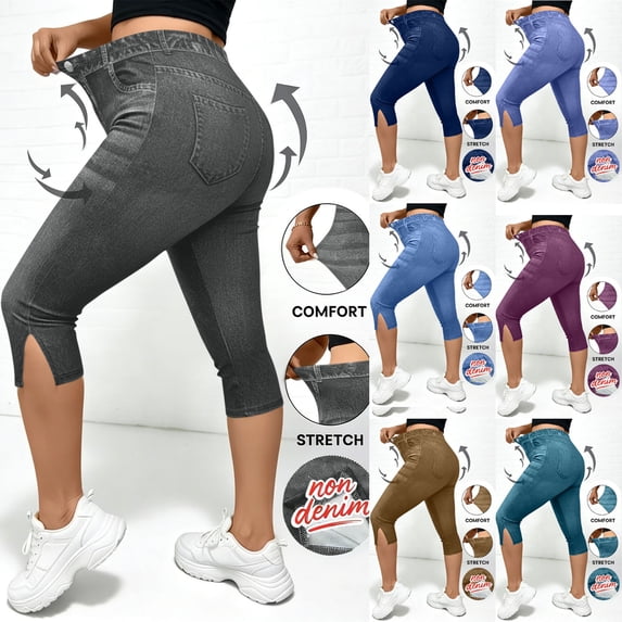 BiZtdJrK Womens Jean Print Leggings Side Slit High Waisted Capri Yoga Pants Buttery Soft Stretch Running Athletic Capris Summer Tight Legging Wine XXL