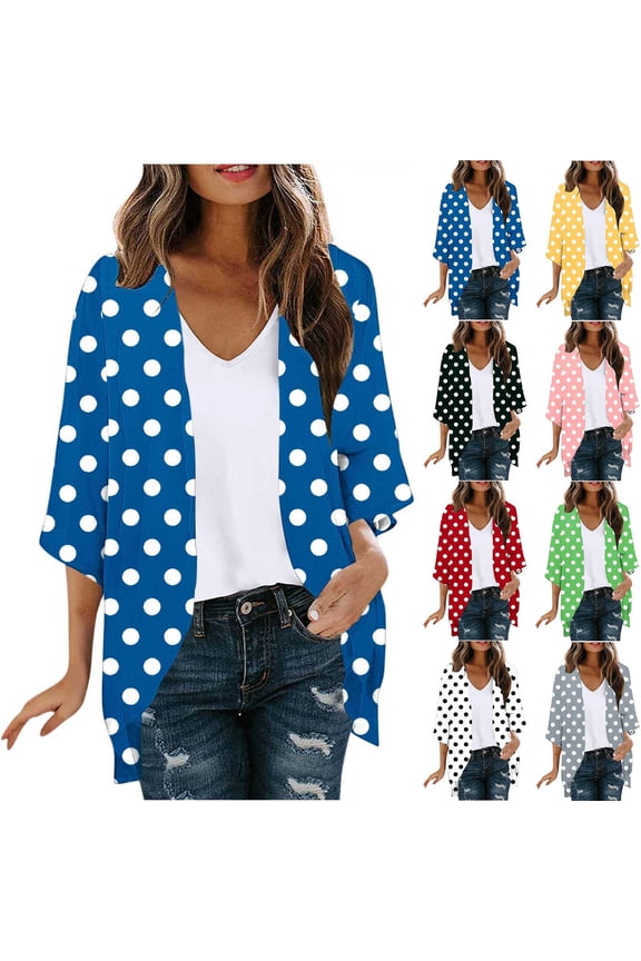Womens Kimono Cardigan Lightweight Polka Dot 3/4 Sleeve Open Front Cardigans Lightweight Summer Beach Cover Up Black XXL