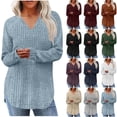 thumbnail image 1 of BiZtdJrK Womens Knitted V Neck Long Sleeve Shirts Loose Fit Curved Hem Pullover Sweaters Solid Casual Comfort Tunic Tops, Gray, L, 1 of 9