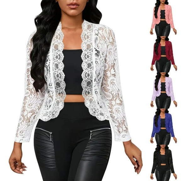 BiZtdJrK Womens Lace Sheer Cardigans Long Sleeve Open Front Cropped Cardigan Lightweight Breathable Shrugs White XL