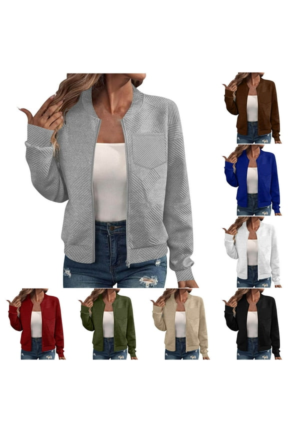 Womens Light Weight Bomber Jackets Textured Long Sleeve Zip Up Flight Jacket Solid Casual Fall Outerwear with Chest Pocket Brown XL