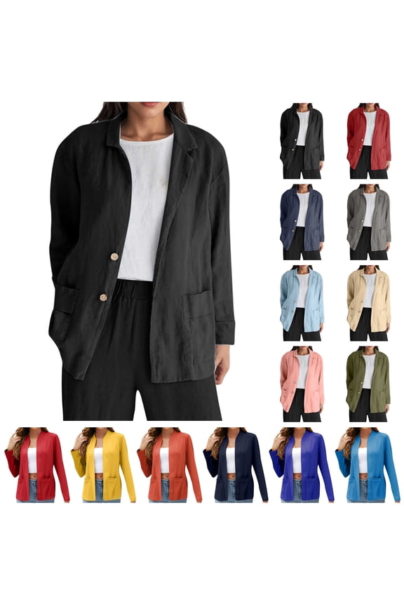 BiZtdJrK Womens Linen Blazer Long Sleeve Notch Lapel Work Office Suit Solid Casual Button Blazers Jackets with Pockets, Navy, XL