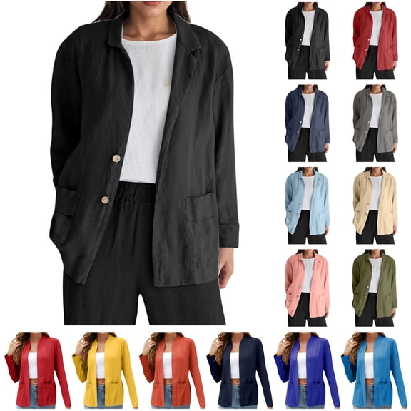 BiZtdJrK Womens Linen Blazer Long Sleeve Notch Lapel Work Office Suit Solid Casual Button Blazers Jackets with Pockets, Red, M
