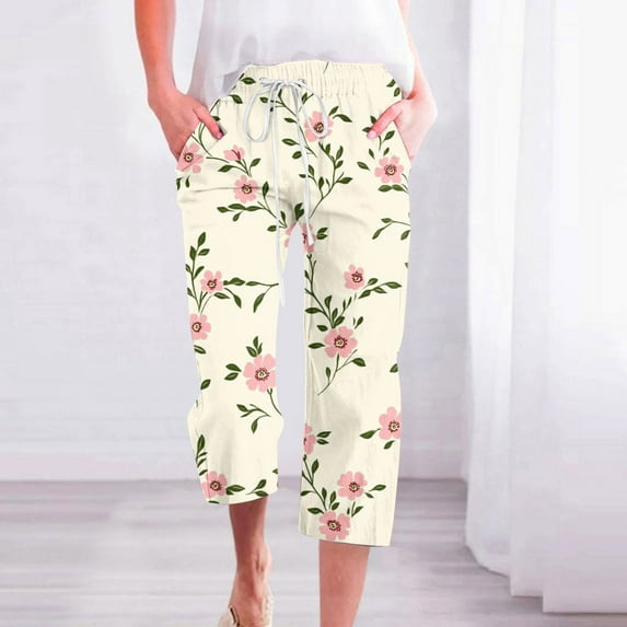 BiZtdJrK Womens Linen Capris Floral Print Casual Beach Pants Drawstring Elastic High Waisted Straight Leg Pants with Pockets on sale clearance Multicolor#1 M