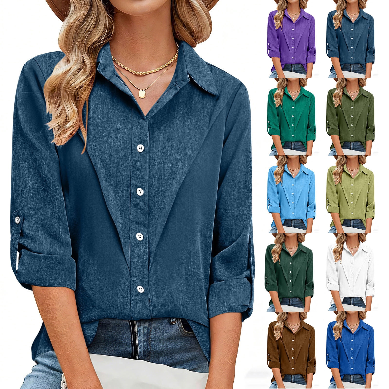 BiZtdJrK Womens Linen Dress Shirts Roll Up Long Sleeve Lapel Button ...