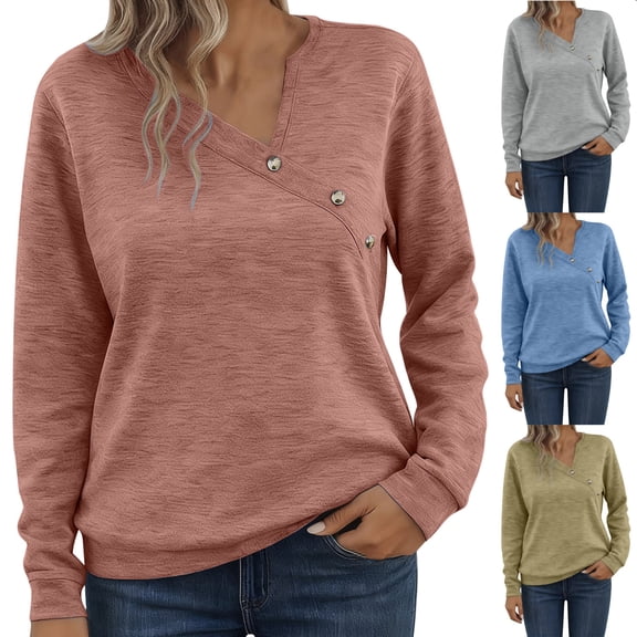 BiZtdJrK Womens Long Sleeve Dressy Casual Tops Asymmetrical Button V Neck Fashion T Shirts Loose Fit Solid Blouse Yellow L