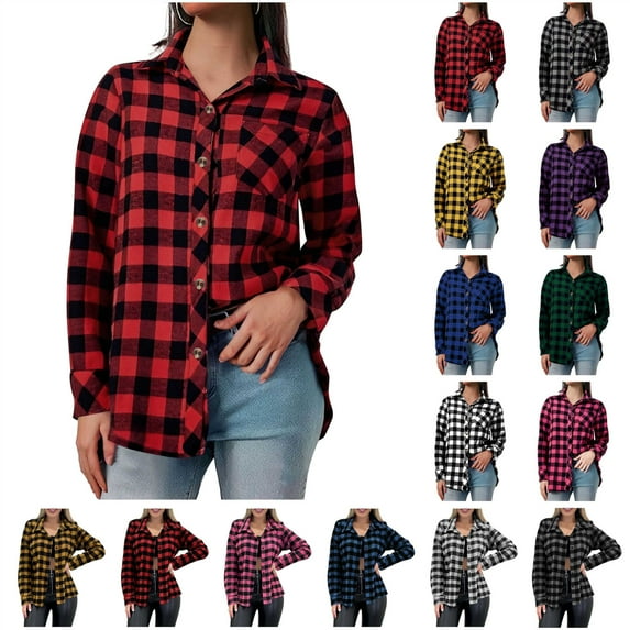 BiZtdJrK Womens Long Sleeve Plaid Shirts Casual Button Down Turndown Collar Shacket Outwear with Pocket Going Out Tops, Yellow, L