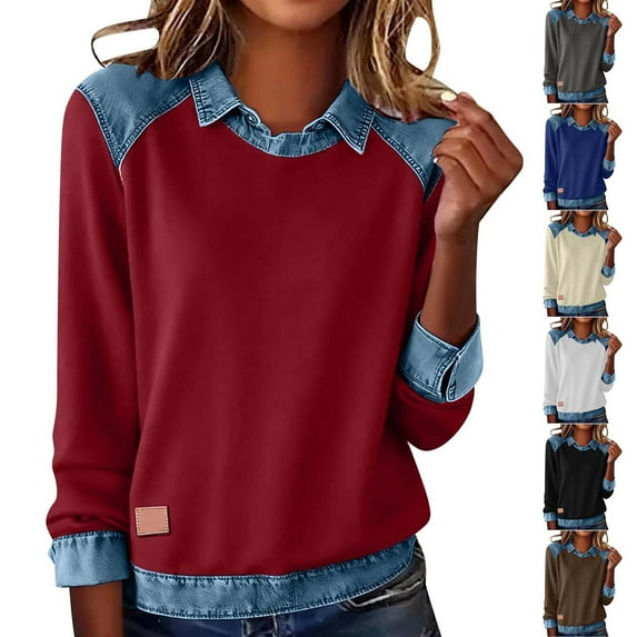 BiZtdJrK Womens Long Sleeve Shirts Lapel Collar Denim Patchwork Casual Pullover Sweatshirt Holidays Tops, Wine, XXL