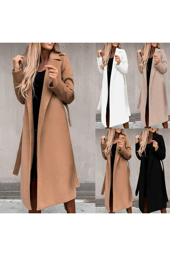 Womens Long Wool Pea Coats Notched Collar Open Front Jacket Fashion Casual Trench Coat Fall Winter Outerwear with Belt Khaki XXL