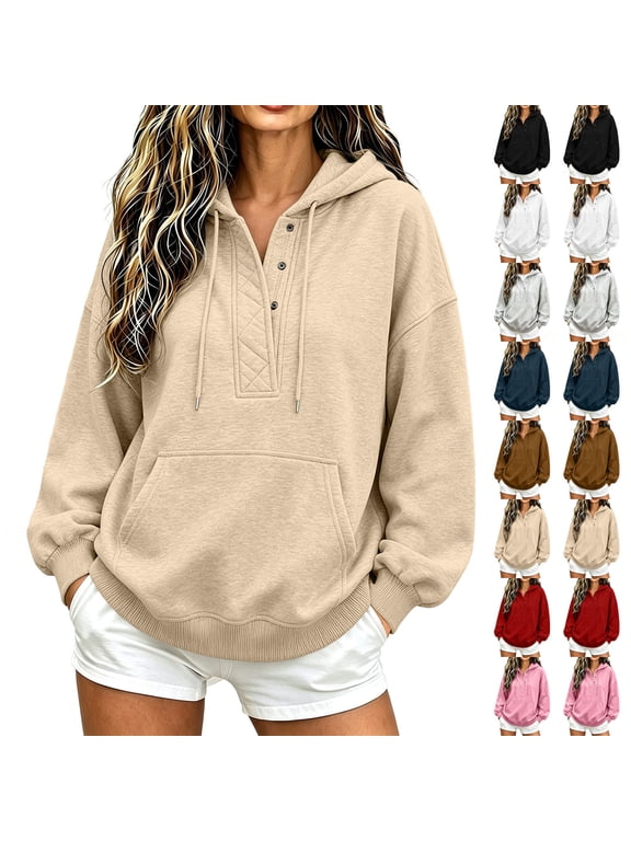 Womens Loose Fall Hoodies Half Snap Button Long Sleeve Pullover Sweatshirts Drawstring Solid Color Comfy Casual Hooded Sweatshirt with Pocket Beige S