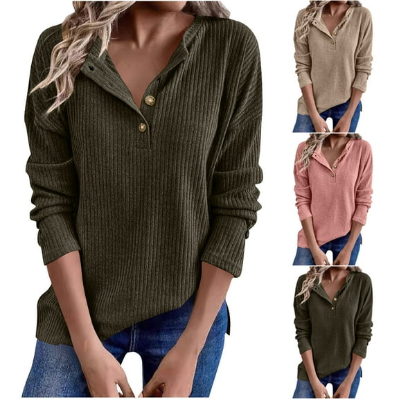 BiZtdJrK Womens Loose Fit Knit Tops Side Split Button Crew Neck Long Sleeve Henley Shirts Drop Shoulder Solid Casual Fall Sweater Army Green L