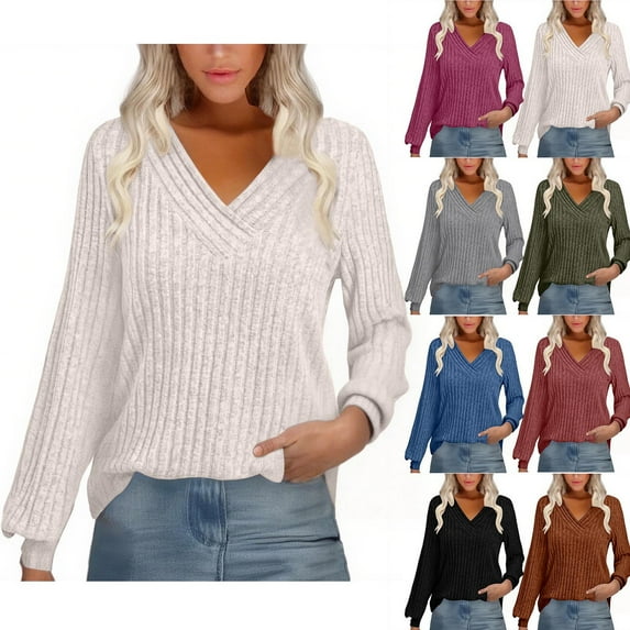 BiZtdJrK Womens Loose Fit T Shirts Ribbed Knit V Neck Long Sleeve Blouses Solid Casual Pullover Sweaters Going Out Tops, Gray, S