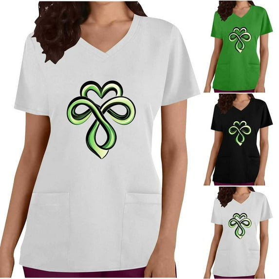BiZtdJrK Womens Loose Fit V Neck Scrubs Tops with Pockets St Patricks Day Shamrock Heart Graphic Tees Shirts Holiday Short Sleeve T-Shirt Green XL Sales Today Clearance