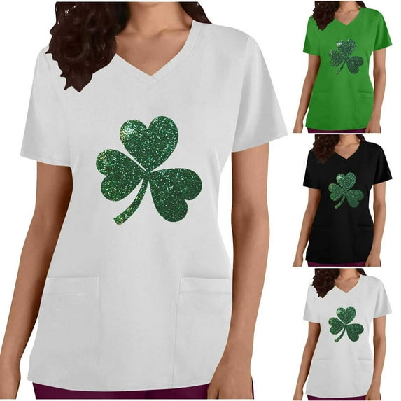 BiZtdJrK Womens Loose Fit V Neck Scrubs Tops with Pockets St Patricks Day Shamrock Heart Graphic Tees Shirts Holiday Short Sleeve T-Shirt White S 90% off Clearance Sale